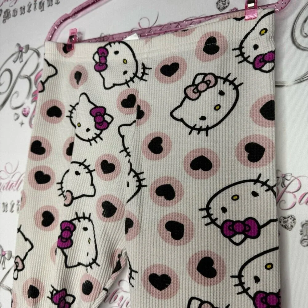 Hello kitty leggings waffle knit thermal cat pants kids cute pink stretchy